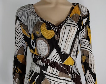 Boho Abstract Art Print Top, 3/4 Sleeve Beaded Blouse, Size S
