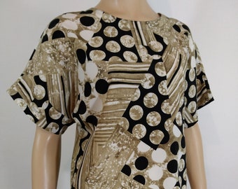 80s Abstract Print Top, Geometric Colorblock Pullover - Size S