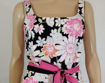 Women's Sun Dress Floral Pink White 97% Cotton Stretch Fitted Bodice Ribbon Belts Lux Like New Condition Vintage by BREAK'IN LOOSE Size 9/10