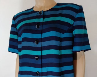 Top geométrico a rayas estilo años 80 - Vintage LESLIE FAY, tonos azules, hombreras, talla 16P