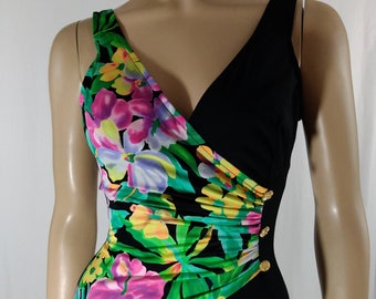 70's Swim Suit Women's One Piece Colorful Floral Black Lux Gold Buttons Bra Cups Bombshell Like New Condition Union Made USA size 10 vintage