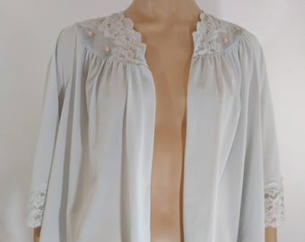 60's Lingerie Robe Women's Cover-up Pale Blue 3/4 Sleeve Floral Embroidery Night Jacket Excellent Condition Vintage by SHADOW LINE size M