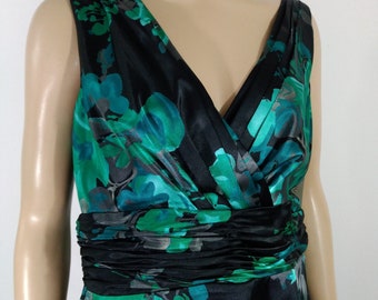 Plus Size Dress 1060's Style Black Blue Floral Print Satin Sleeveless Pleated Waist New with Tags Condition Vintage by EVAN PICCONE Size 14