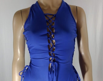 Blue Swim Suit Women's One Piece Laces Up in 3 Places Crisscross Back Bombshell Sexy Glamour Gathered Excellent Condition Vintage size L