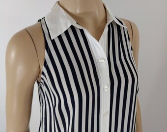 Vintage Striped Cotton Button-Down Top, Sleeveless 100% Cotton
