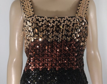 Sequin Tube Top Women's 70's 80's Gold Brown Black Striped Colorblock Thick Strap Stretchy Gorgeous Disco Excellent Condition Vintage Size L