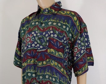 80s Silk Abstract Print Shirt, Deep Colors, Size M
