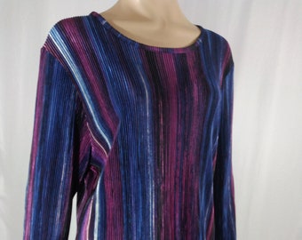 Women's Blouse 3/4 Sleeve Purple Blue Stretchy Stripes Like New Condition Vintage Size L