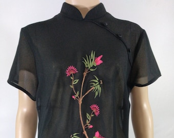 Women's Dress Chinese 80's Maxi Black Semi Sheer Red Floral Embroidery Side Slit Excellent Condition Vintage by S L FASHIONS Usa Size 14W