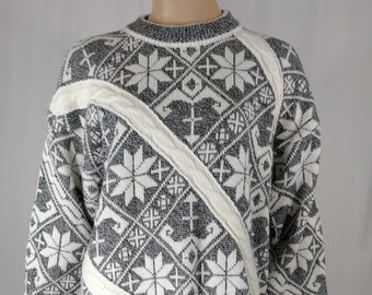 80s Vintage Snowflake Sweater, Gray White Braid Pattern, Size L