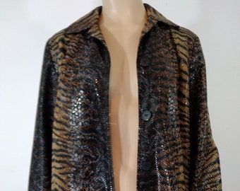 Animal Print Jacket 80's 90's Women's Designer Black Brown Shiny Black Buttons Satin Lining Excellent Condition by GIANCARLO FERRARI Size 4