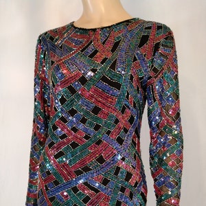 Beaded Dress Women&#39;s 80&#39;s Sequin 100% Silk Long Sleeve Crisscross Sapphire Ruby Emerald Black Excellent Condition Vintage by ELLYSE Size M