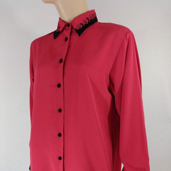 Women's Red Blouse 80's 90's Black Trim Long Sleeve Classic Embroidered Collar Chic Excellent Condition Vintage by YVES St. CLAIR Size 10