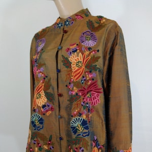 Silk Embroidered Jacket Women&#39;s Gold Silk Colorful Embroidered Floral Artsy Gorgeous Lux Excellent Condition Vintage by TRAVEL SMITH Size L