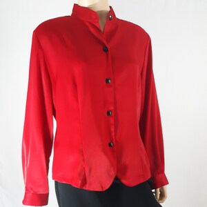 Womens Red Blouse 80's 90's Lipstick Red Silky Long Sleeve Faceted ...