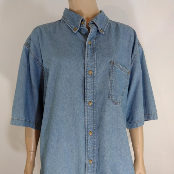 Men's Denim Shirt Men's Short Sleeve 90's Light Blue 100% Cotton Blue Pale Yellow Buttons Excellent Condition Vintage by ROUTE 66 Size L