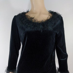 Black Velvet Top Women&#39;s 3/4 Sleeve Black Fringe Neckline Cuffs Stretch Pullover Boat Neck Excellent Condition Vintage by F L MALIK Size M