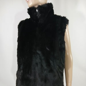 Faux Fur Vest Women&#39;s Warm Black Real Looking Fur Black Nylon Side Satin Lining Zip Front High Neck Lux Like New Condition Vintage Size M