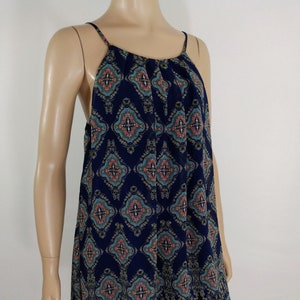 Women&#39;s Sun Dress Thin Straps A-line Flowy Classic Print Dark Blue White Melon Excellent Like New Condition Vintage by SWEET WANDERER Size L