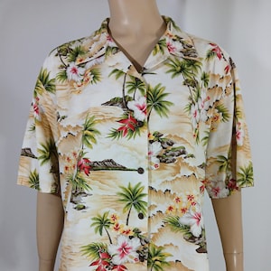 Hawaiian Shirt Men&#39;s 80&#39;s Palm Tree Island Scenes Short Sleeve 100% Cotton Excellent Condition Vintage by PACIFIC Apparel Size XL USA Hawaii