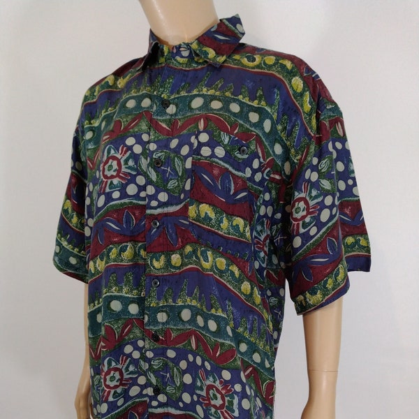 80's Men's Shirt Deep Colors Geo Abstract Short Sleeve 100% Silk Tiny Collar Radical Cool Excellent Condition Vintage by BOGARI Size M