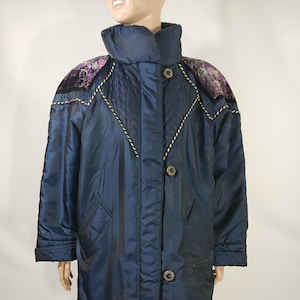 Ski Jacket 80&#39;s Women&#39;s Deep Blue Purple Gold Puffy Warm Quilted Fully Lined Pockets Shoulder Pads Excellent Condition Vintage by BMI Size L