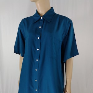 Plus Size Outfit Women&#39;s Teal Blue 100% Silk Two-Piece Short Sleeve Shirt Drawstring Pants Like New Lux Vintage by INNOVATION Sport Size 1X