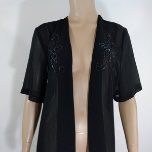 Black Beaded Top 70&#39;s 80&#39;s Women&#39;s Semi Sheer Dressy Short Sleeves Floral Beading Open Front Excellent Condition Vintage by ANNYA Size M