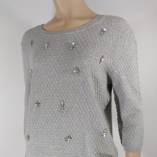 Women's Gray Sweater Top Rhinestone Jeweled 3/4 Sleeve 96% Cotton Textured Stretchy Pullover New w Tags Condition Vintage by METAPHOR Size L