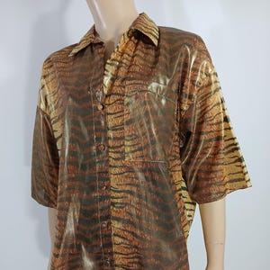 Animal Print Shirt 80&#39;s Women&#39;s Short Sleeve Browns Black Tiger Metallic Gold Shoulder Pads Excellent Condition Vintage by PREZZIA Size M