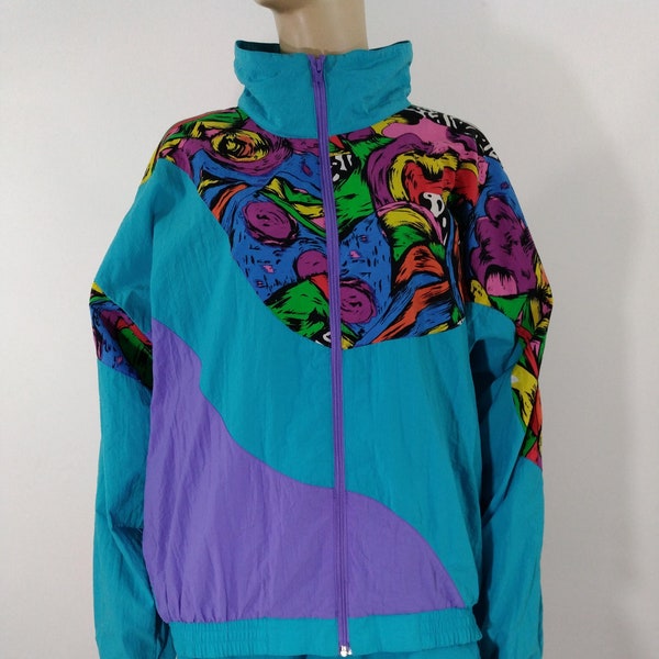 80's Women's Tracksuit 2 Piece Set Long Sleeve Jacket Shorts Colorful Blue Purple Sporty Like New w Original Tags Vintage by WILDCAT Size XL