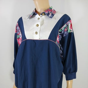80&#39;s Top Women&#39;s 3/4 Sleeve Pullover Multicolor Floral Colorblock Navy Blue Lightweight Excellent Condition Vintage by SILVER THREADS SizeXL