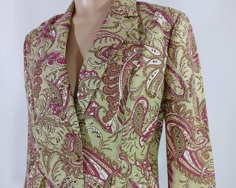 Linen Blazer Jacket, Abstract Paisley Print, Celery Green, Size 8