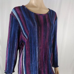 Women&#39;s Purple Blouse 3/4 Sleeve Lightweight Tiny Pleats Stretchy Satiny Stripes Gorgeous Like New Condition Vintage by BON WORTH Size L