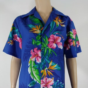 60&#39;s 70&#39;s Shirt Hawaiian Shirt Women&#39;s Short Sleeve Blue Colorful Tropical Lightweight Like New Condition Vintage GREEN CASTLE Size M Usa
