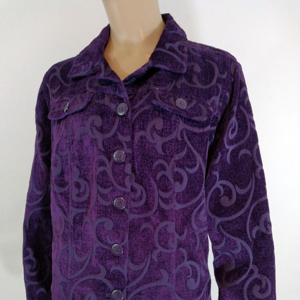 Women's Purple Jacket Soft Velvety Abstract Imprint Long Sleeves Pockets Rayon Purple Buttons Like New Condition by CROFT & BARROW Size L