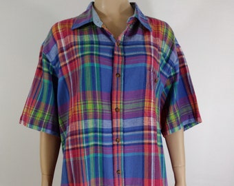 90s Vintage Rainbow Plaid Shirt - Short Sleeve Cotton Rayon XXL