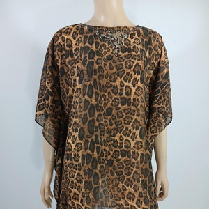 Leopard Blouse Women&#39;s Black Brown Animal Print Silky Semi Sheer Jeweled Neckline Perfect New Condition Vintage Size XS/S by DIANE GILMAN