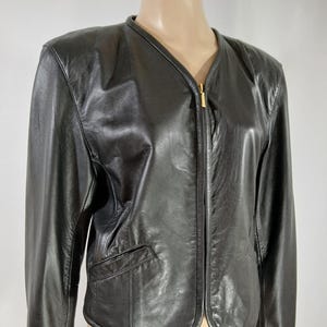 Black Leather Jacket Women&#39;s Soft Zipper Front Black Satin Lined Long Sleeve Gorgeous Like New Perfect Condition Vintage by LIZ WEAR Size L