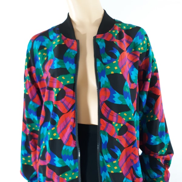 80's Women's Jacket Wild Colorful Geo Abstract Bomber Black Trim Zipper Light Weight Rare Excellent Condition Vintage by PIA RUOD Size L