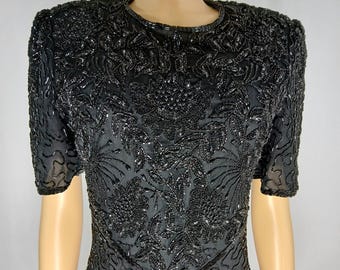 Black Beaded Dress 80's 90's Sequined Short Sleeve Size M