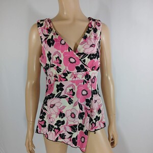 Sleeveless Top Women&#39;s 90&#39;s Floral Print Stretchy Sturdy Pink Black White Crossover V Neckline Like New Condition Vintage by J&B USA Size S