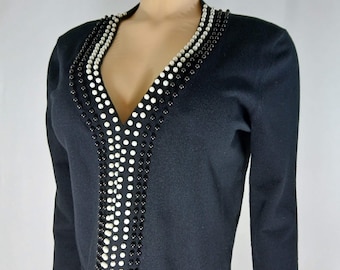 Vintage Black Beaded Cardigan, SPENSE 3/4 Sleeve, Size M