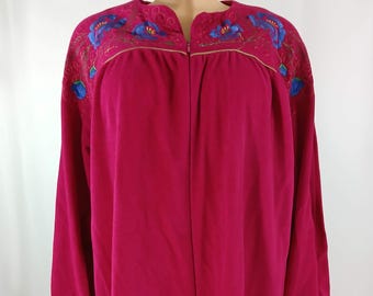 Velour Robe Caftan 80's Raspberry Pink Floral Embroidery SIZE XL