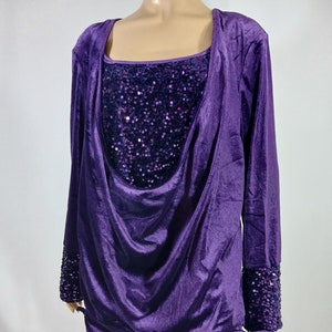 May include: A long-sleeved, purple velvet top with a sequined neckline and cuffs. The top has a cowl neck and a loose fit.