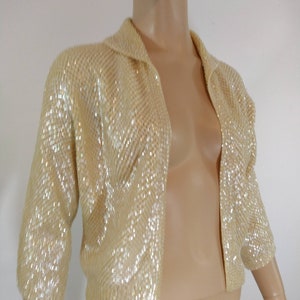 40&#39;s 50&#39;s Cardigan Women&#39;s Sweater 3/4 Sleeve 100% Wool Pearlized Translucent Sequined Beaded Perfect Condition Vintage by FARIS Size S