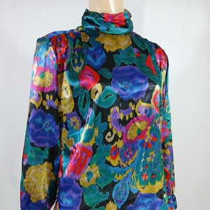 Women&#39;s Blouse 80&#39;s Colorful Jewel Tones Satin Long Sleeve Abstract Shoulder Pads High Neck Excellent Vintage by YVES St CLAIR Size 10