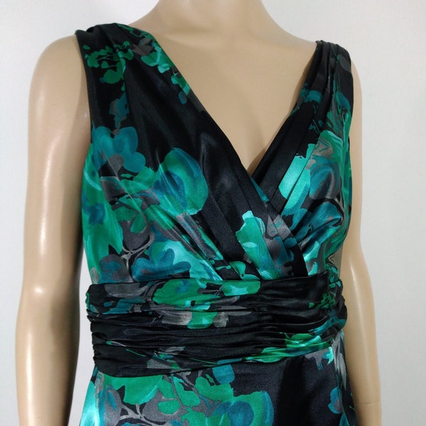 Plus Size Dress 1060's Style Black Blue Floral Print Satin Sleeveless Pleated Waist New with Tags Condition Vintage by EVAN PICCONE Size 14