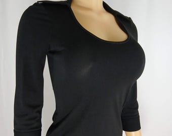 Vintage Black Dress: 70's Style Huge Collar, Size S