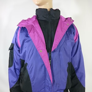 Women&#39;s Ski Jacket 80&#39;s 90&#39;s Coat Hooded Quilted Warm Purple Black Fushia Snaps Zipper Pockets Outerwear Colorblock Size L by SOLAR EDGE